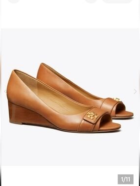 Tory Burch Tan Leather Peep-Toe Wedge Pumps